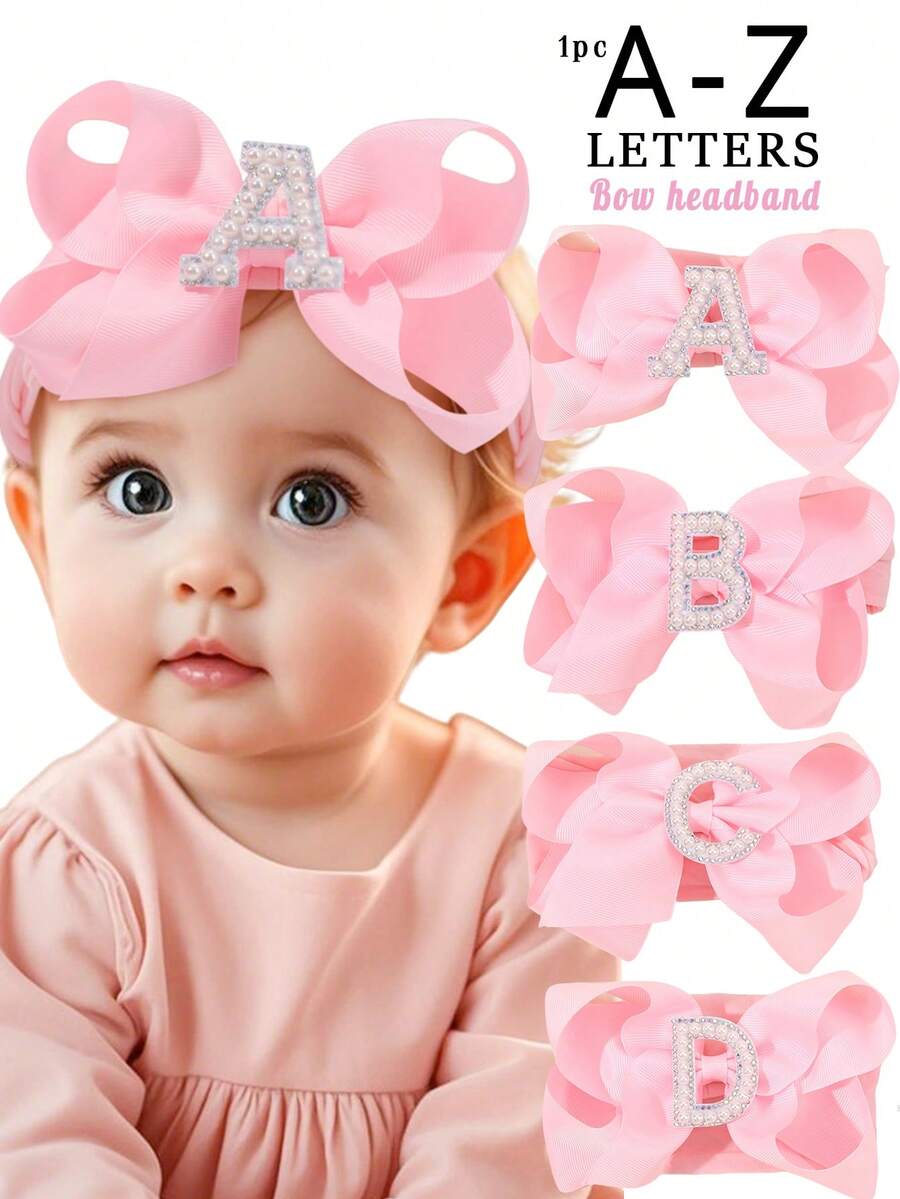 1 pièce Bandeau à nœud large de couleur unie élégante de la lettre A à Z, convient aux filles et aux bébés, serre-tête nœud perle doux, accessoire cheveux en satin, décoration de cheveux à la mode - Rose bonbon - Voir 1