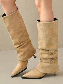 Vintage Pointed Toe Stacked Heel Boots For Women, 2025 Spring Autumn New Arrival, British Style Over-The-Knee High Shaft Wrinkle Cowboy Riding Boots - Khaki - View 4