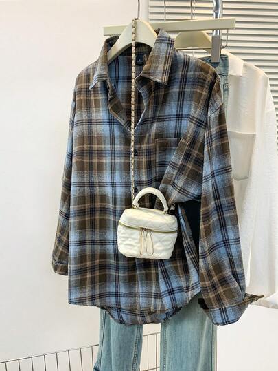 Retro American Plaid Casual Loose Fit Street Shirt, Suitable For All Seasons