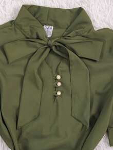 Women's Short Sleeve Puffed Blouse With Bow No. 8 - Army Green - View 2