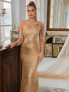 One Shoulder  Sequin Formal Dress Evening Gown Wedding Guest Dress For Birthday, Wedding Guest,  Dinner - Vàng - Xem 3