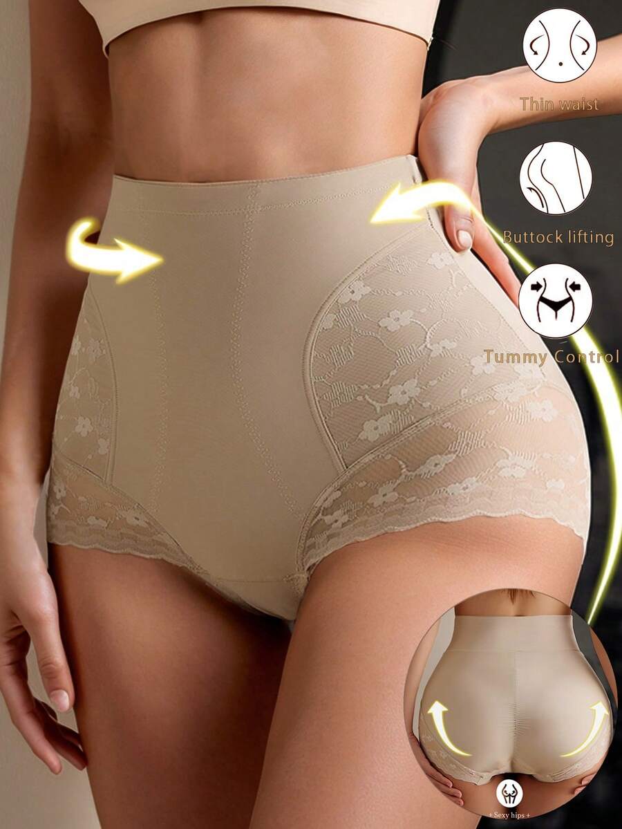 Women's High Waist Lace Sexy Slimming Tummy Control Shapewear Pants, Seamless Thin Waist Shaping Leggings - Apricot - View 1