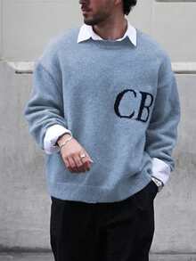 ANDREILEE 男女款休闲宽松轻薄套头毛衣，字母嵌花图案，适合春、秋、冬三季穿着。 - 藍色 - 查看 5