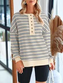 Womens Fall Striped Oversized Sweatshirt Long Sleeve Button Up Henley Neck Waffle Knit Pullover Tunic Tops - Beige Stripes On Light Grey Background - View 5