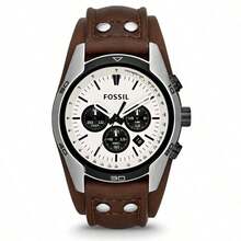 Fossil Coachman 计时码表男士休闲石英表 CH2890 皮革表带和白色圆形表盘手表适合日常佩戴，送给男士男朋友的生日礼物 - 白色 - 查看 1