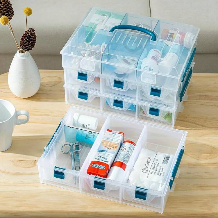 MyGift 11 Inch Clear Arts And Crafts Stackable Container, Sewing Supplies Storage Organizer Case With Pink Accents, 24 Customizable Compartments, And 6 Drawers With Removable Dividers - 透明和藍色(僅限添加托盤) - 查看 7
