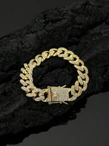 1pc European & American Street Hip Hop Style Fully Rhinestone Chain Necklace, Golden Color, Fashionable Hiphop Jewelry For Men & Women, Choker, Multiple Sizes Available