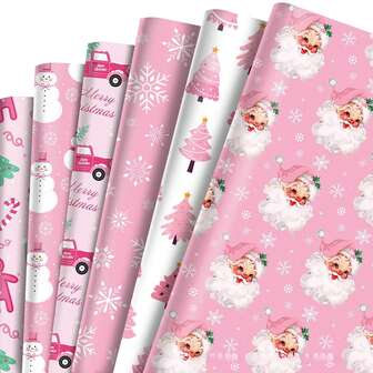 12pcs Pink Christmas Wrapping Paper, Santa Claus Snowman Snowflake Star Tree Gift Wrapping Paper, Folded Flat Christmas Art Paper, Used For DIY Handmade Gift Packaging For Christmas, Winter, Birthdays, Gift Decoration Paper, Party Gift Box Decoration Outer Packaging Paper.