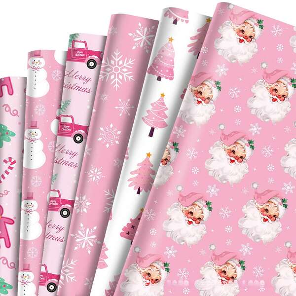 12pcs Pink Christmas Wrapping Paper, Santa Claus Snowman Snowflake Star Tree Gift Wrapping Paper, Folded Flat Christmas Art Paper, Used For DIY Handmade Gift Packaging For Christmas, Winter, Birthdays, Gift Decoration Paper, Party Gift Box Decoration Outer Packaging Paper.