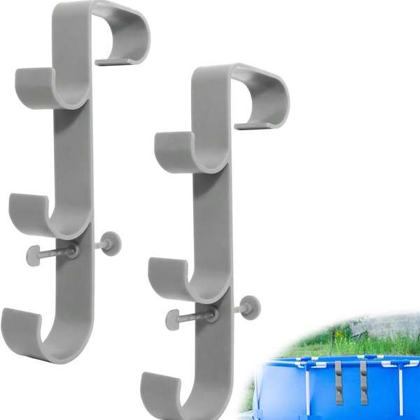 2 piezas Soporte ajustable de 3 ganchos mejorado con ganchos azules seguros - Soporte duradero para varillas de piscina para piscinas sobre el suelo, organiza varillas, escurridores y cepillos, diseño ergonómico para un fácil acceso y un área de piscina libre de desorden, accesorios de piscina, construcción resistente