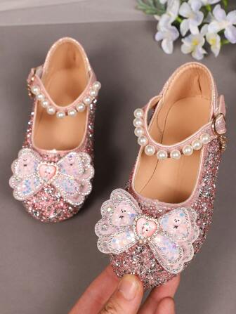 1 Pair Plus Size 2025 New Fashion Versatile Pink Girl Pearl & Rhinestone Bow Decor Cute Flat Shoes, Round Toe, Suitable For Daily Wear, Dancing, Outdoor In Spring & Autumn, Glitter Decoration Closed Toe Princess Ballet Flats, Run Small By Half Size