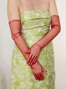 1 双女士纯色薄纱长手套，晚礼服装饰派对手套，新娘手套，婚礼手套，秋季配饰