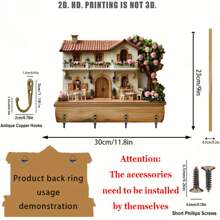 2D 平面，1 件乡村风格木制多功能家用钥匙架，带 4 个金属挂钩，墙壁装饰，门廊装饰，房间装饰，别墅装饰，四季家居装饰，2D 平面印刷工艺品（附产品视频，请先观看） - A - 查看 10