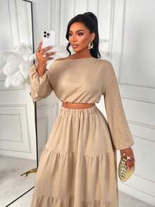 AIJ Amarilo Damen elegantes Crop Top mit einem Schulterausschnitt und langem Arm sowie langes Rock mit gestuftem Saum, 2-teiliges Set für Herbst/Winter, Lässig Urlaubs-Outfit