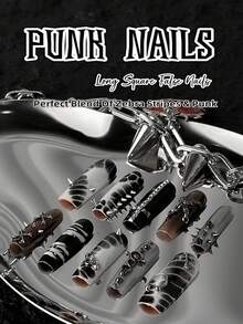 10pcs Handmade Punk Style Nail Stickers, Rectangular (Almond Shape) And Short Rectangle Designs, Featuring Crocodile Texture Pattern, Punk Rock Rivet Elements, Unique Look, Suitable For Women And Girls For Daily Wear Or Festive Occasions To Enhance Overall Styling Nails - Multicolor - View 2
