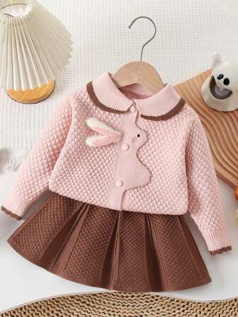 2pcs Girls Autumn/Winter Outfit, Cute Rabbit Knitted Cardigan And Skirt Set, Children Clothing For Outdoor Wear