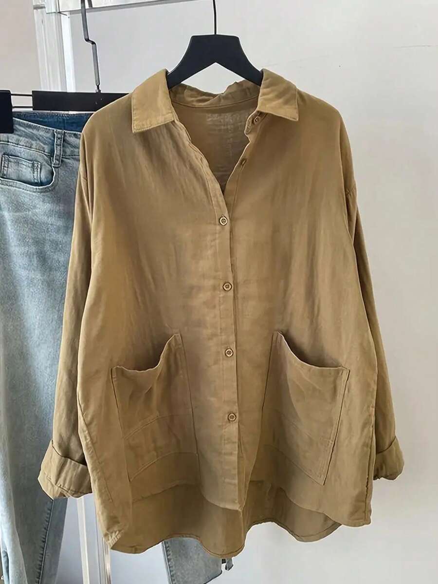 女式复古风格双口袋衬衫 - 休闲长袖,纯色纽扣衬衫,适合分层或独立穿着,时尚,Polo 领,经典领口设计 - 女式休闲长袖衬衫芥末黄复古宽松衬衫 - 纯色前扣 - 芥末黃 - 查看 1