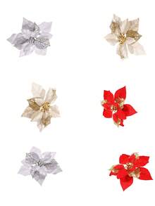 5pcs Christmas Glitter Red Flower Artificial Christmas Tree Ornaments, For Christmas Wedding Wreath Floral Decor - Multicolor - View 2
