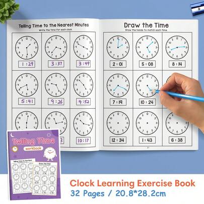Lachilly 32 Pages Educational Kids Workbook Learn To Tell Time Clock Exercises Learning Activities Practice Book For Children Elementary School