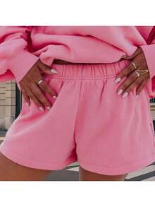 Women Athletic Shorts Loose Fit Solid Color Drawstring Sweatshorts For Yoga Running - 玫紅色 - 查看 6