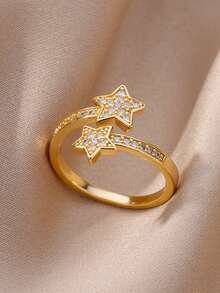 Anéis de aço inoxidável com flor minúscula, zircônia cúbica, banhados a ouro 18K, antidesbotamento, anel ajustável aberto para mulheres, joias douradas estéticas para casamento, acessórios para festa, férias, presentes para mãe/melhores amigas