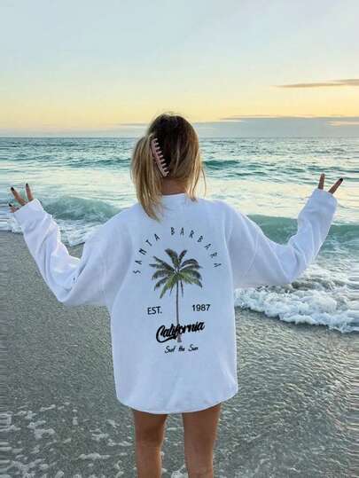 2025 Autumn/Winter New Women Slogan & Palm Tree Print Casual Loose Long Sleeve T-Shirt, Release Your Style Potential: Our Women Long Sleeve Tee Come In Multiple Colors For You To Easily Find The Perfect Fit That Suits Your Unique Fashion Sense And Personalized White Spring