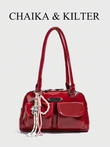 1件 CHAIKA & KILTER 女士纯色亮面PU皮革单肩包，时尚多口袋大容量波士顿保龄球包，带拉链封口，适合日常和户外使用（附赠吊坠） - 酒紅色 - 查看 2