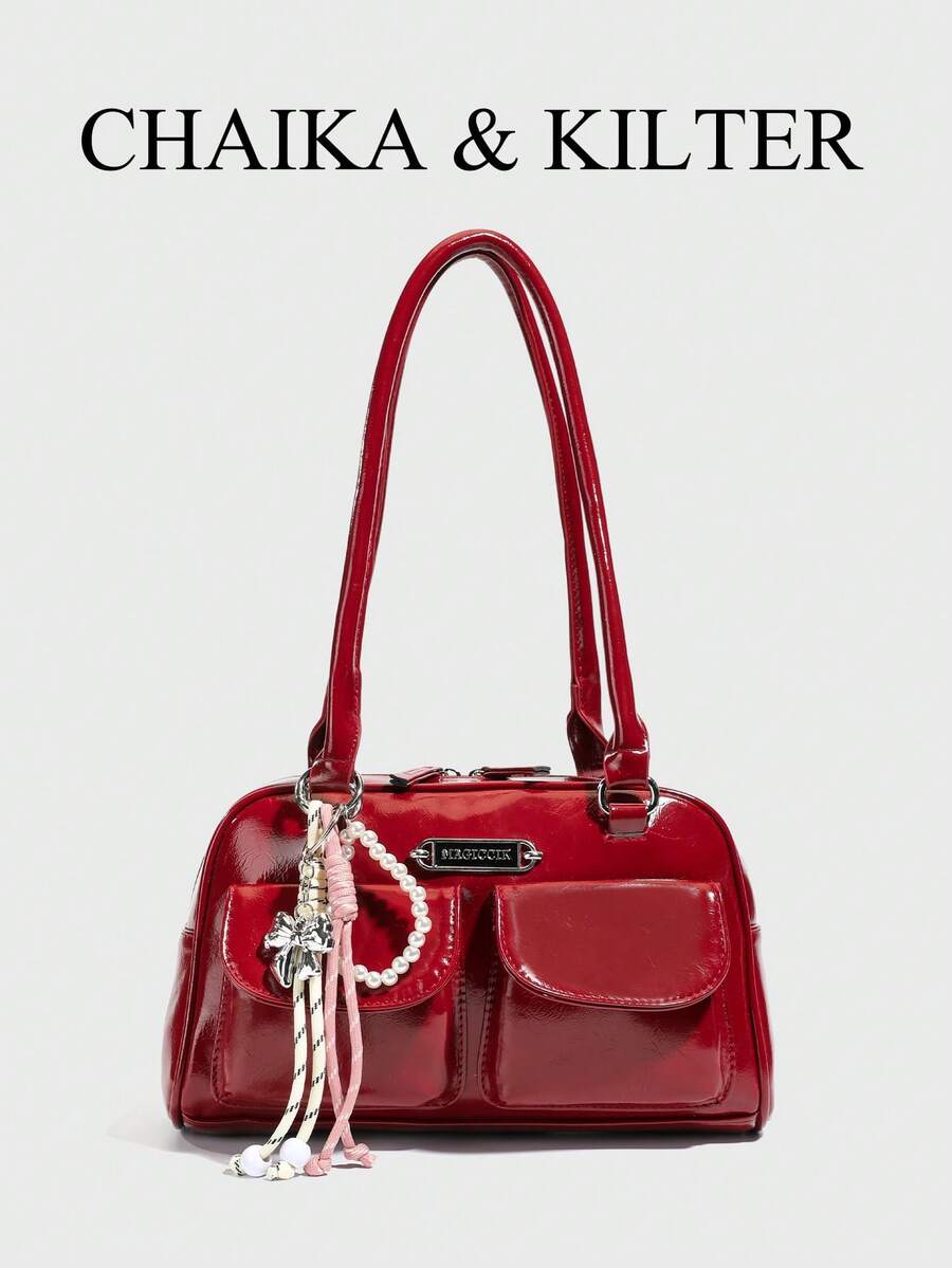 1件 CHAIKA & KILTER 女士纯色亮面PU皮革单肩包，时尚多口袋大容量波士顿保龄球包，带拉链封口，适合日常和户外使用（附赠吊坠）