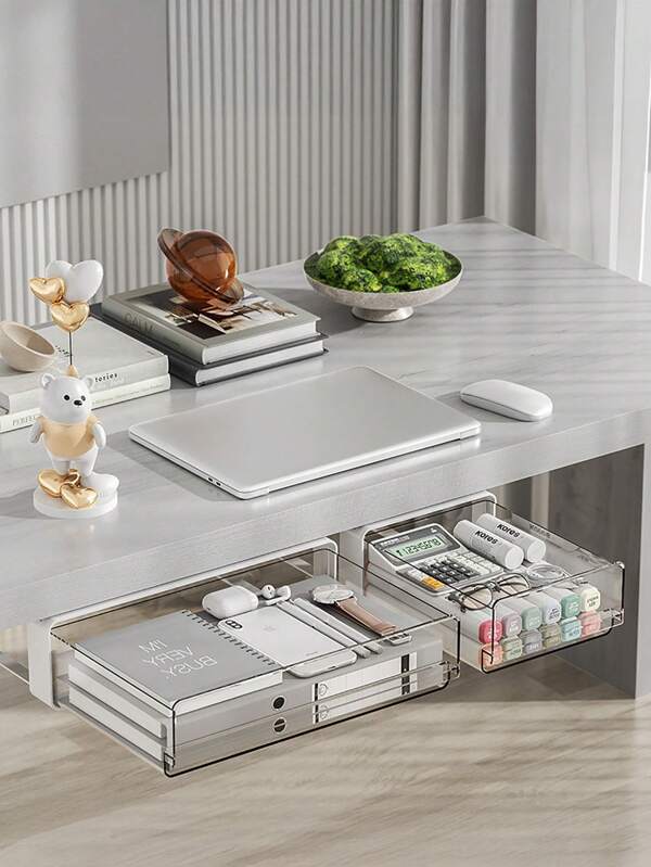 Boîte de rangement murale et sous-bureau sans perçage avec tiroir - Organisateur caché multifonction pour le maquillage, la papeterie et les fournitures de bureau. Idéal pour le bureau du dortoir, le bureau à domicile, la salle de classe et l'organisation de la chambre. Excellent pour le rangement de la salle de bain, les cosmétiques, le porte-stylo et la décoration d'automne ou de la pièce économisant l'espace. Parfait pour les étudiants, les bureaux minimalistes et les espaces de vie compacts. Disponible en plusieurs tailles et couleurs.