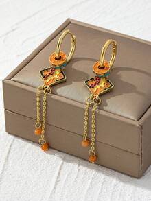 1 Pair New Chinese Style Geometric Circle & Square Long Tassel Earrings, Versatile Luxury Party Gift Earrings For Women - Orange - View 3