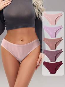 5条装女士纯棉低腰性感罗纹无缝三角内裤，休闲舒适简约弹力透气内裤