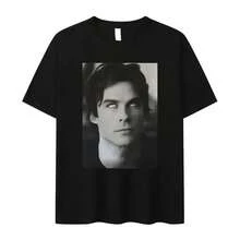 Damon Salvatore Ian Somerhalder TV Show T-Shirt For Women Summer Tops Tshirts O-Neck Women Clothing Streetwear Female T Shirt - 黑色 - 查看 1