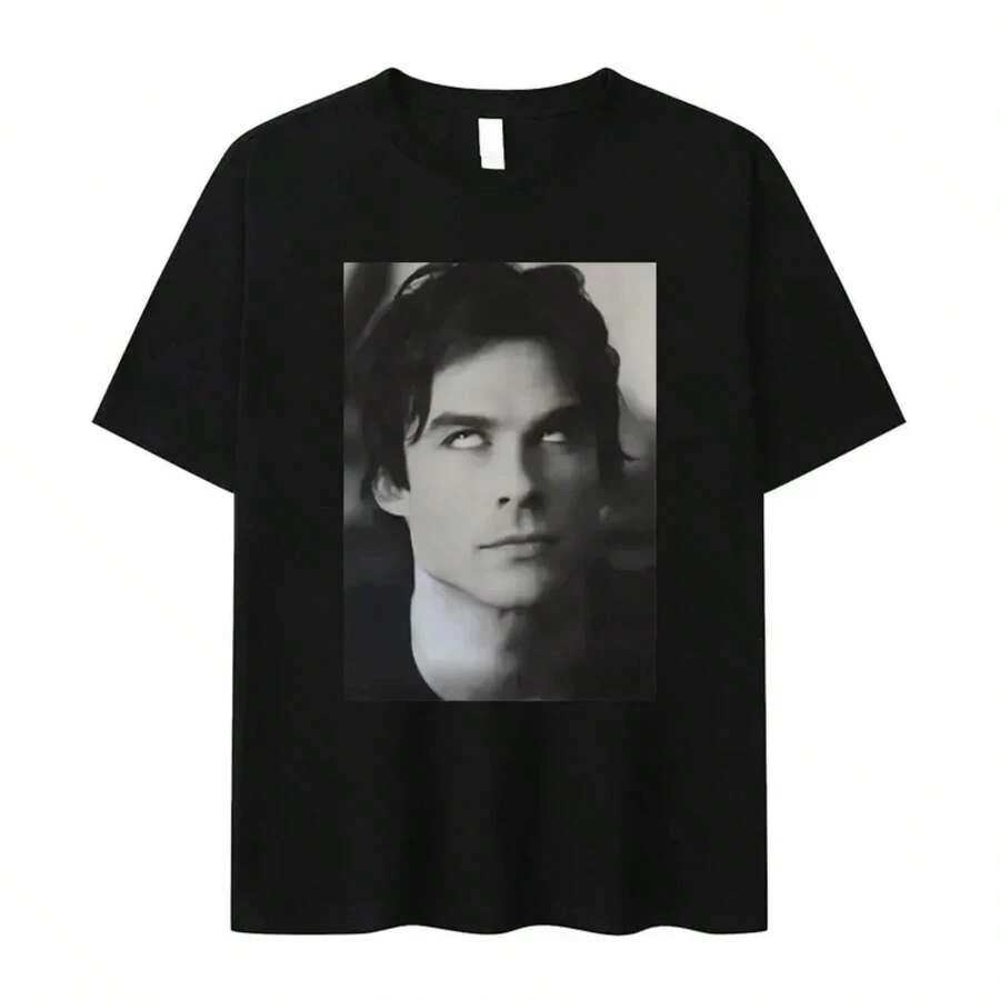 Damon Salvatore Ian Somerhalder TV Show T-Shirt For Women Summer Tops Tshirts O-Neck Women Clothing Streetwear Female T Shirt - 黑色 - 查看 1