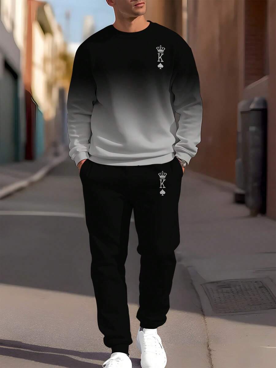 Bộ đồ nỉ cổ tròn in họa tiết ombre đen đỏ hai mặt dành cho nam, áo chui đầu in chữ K thường ngày thích hợp cho hoạt động ngoài trời và tập luyện, bộ áo nỉ và quần nỉ 100% polyester - Nhiều màu - Xem 1