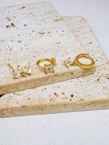 3 piezas Pendientes de botón con flor de 5 pétalos de circonita, apilables, adecuados para mujeres; Pendientes hipoalergénicos chapados en oro de 18K para cartílago de la oreja, joyería para perforación de orejas, adecuados para mujeres y niñas - Oro-7# - Ver 3
