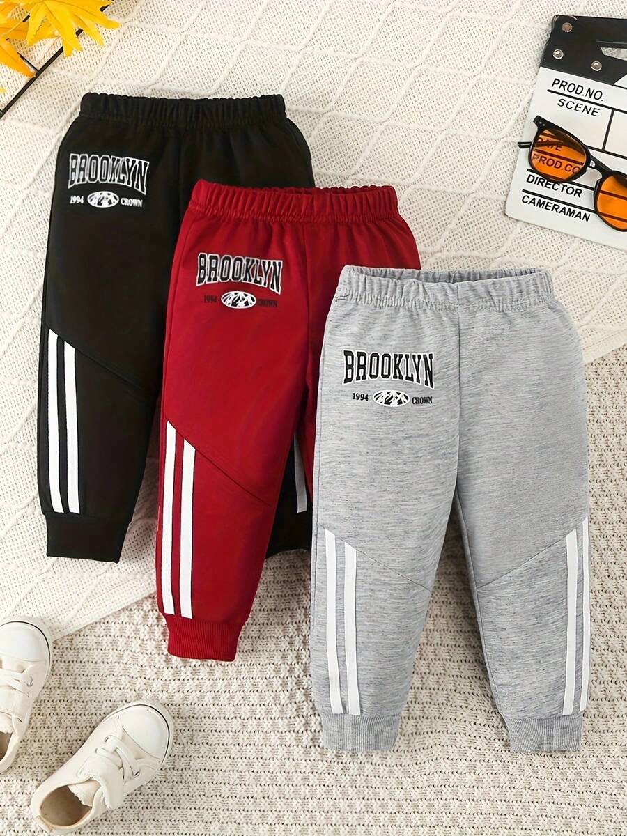 3pcs Toddler's BROOKLYN Letter Print Sweatpants, Casual Pants For Spring/Autumn