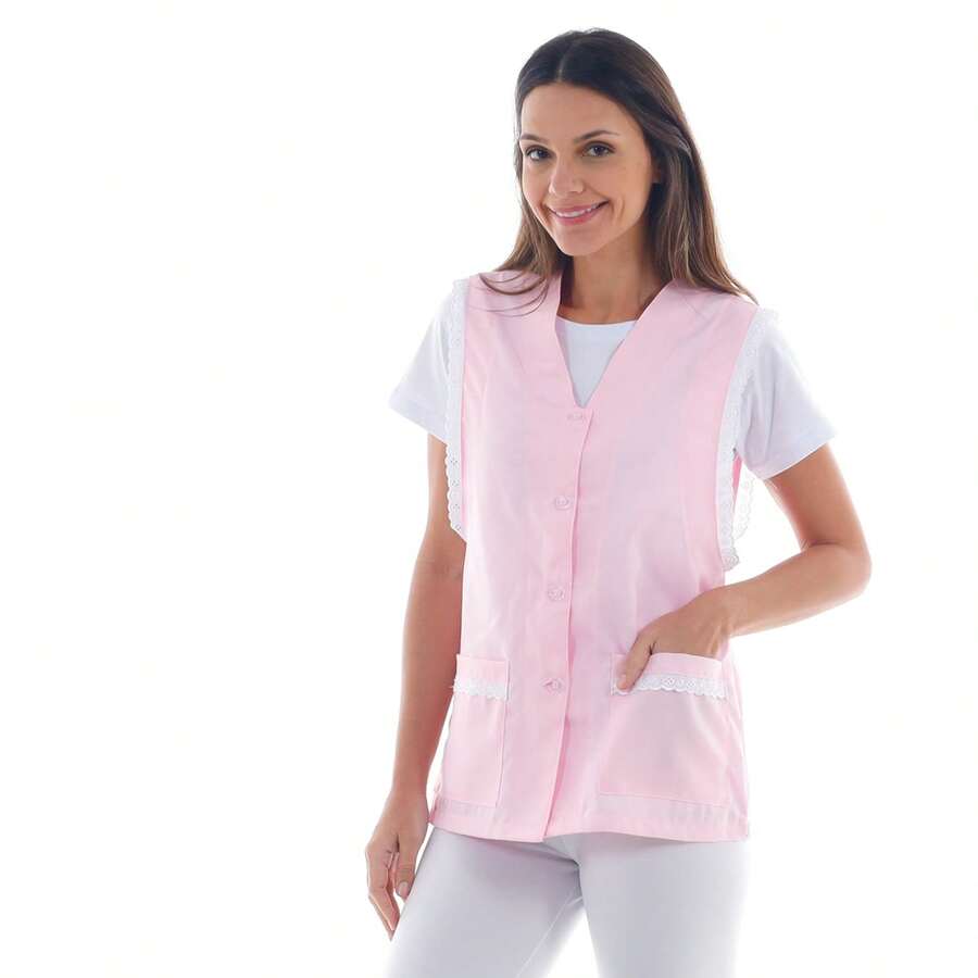 Oxford Lab Coat With Button Closure, 2 Pockets And English Embroidery Details - Màu Hồng baby - Xem 1