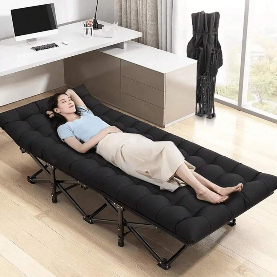 Camping Cot With Thick Pad, Folding Camping Cot Oversize Cots For Sleeping Camping Bed Folding Cot For Camping W/Pilllow Mattress For Home Office Nap Beach Travel, 600LBS - 黑色 - 查看 1