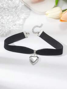 1 chiếc vòng cổ mặt trái tim màu đen và bạc cổ điển dành cho nữ, vòng cổ xích choker - Trái tim bạc đen - Xem 4