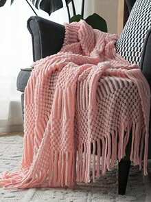 1件复古风格纯色针织毯，带流苏，柔软保暖，可用作沙发套、四季床罩、客厅卧室装饰配件、办公室用品、露营毯、午睡毯，多用途毯子，礼品 - 粉色 - 查看 4