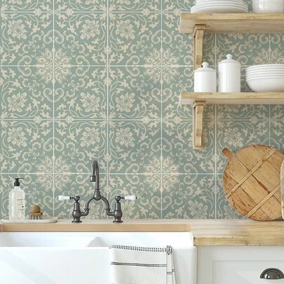 10/20/30PCS Vintage Floral Tile Stickers - 7.87 Inch Self-Adhesive, Oil-Proof, Peel And Stick, Suitable For Kitchen Backsplash, Bathroom, Living Room And Dining Room Decoration, Easy DIY Renovation, Matte Finish, PVC Material, Elegant Floral Design, Bathroom Decoration