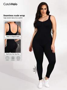 Plus Size Black Seamless Fitted Jumpsuit, Padless, Sleeveless, 4-Way Stretch, Suitable For Yoga, Fitness, Casual Wear