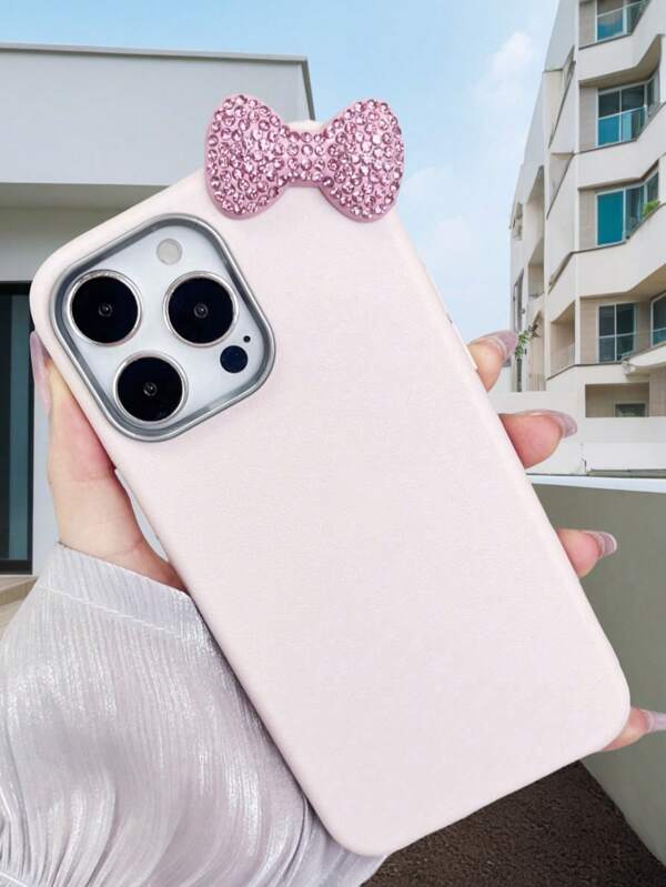 Pink & Red Genuine Leather Phone Case With Sparkling Bowknot - High Quality, Compatible With IPhone 16/15/14/13/12, Redmi, Honor, OPPO, Realme,