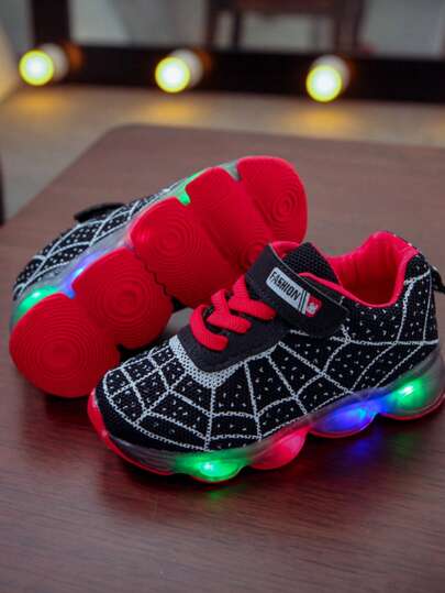 MGO Kidss Tênis infantil casual MGO com cadarço em formato de teia de aranha e iluminação LED, respirável e antiderrapante, esportivo, para corrida e treino, para meninos e meninas