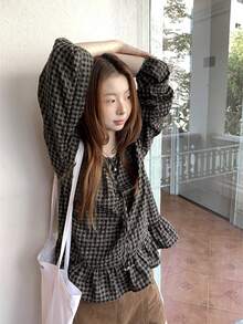 秋冬新款复古格子荷叶边拼接系带长袖女式衬衫，宽松修身套头衫，适合冬季圣诞节新年穿着 - 咖黑色 - 查看 8