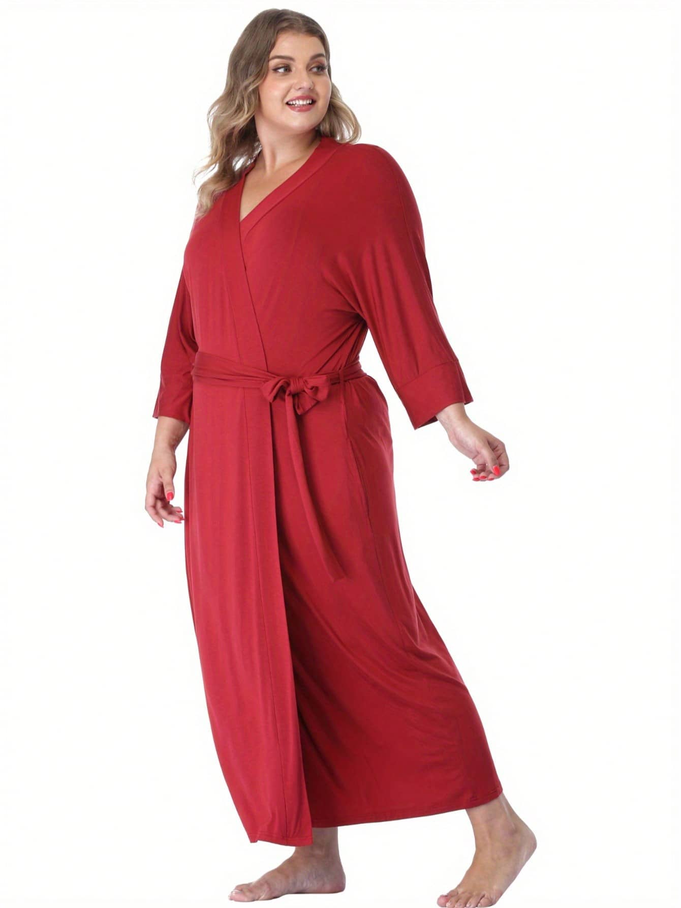 Womens Plus Size Long Robes Lightweight Kimonos V Neck Knit Bathrobe Soft Maternity Robe Sleepwear - Màu Đỏ Sâu - Xem 1