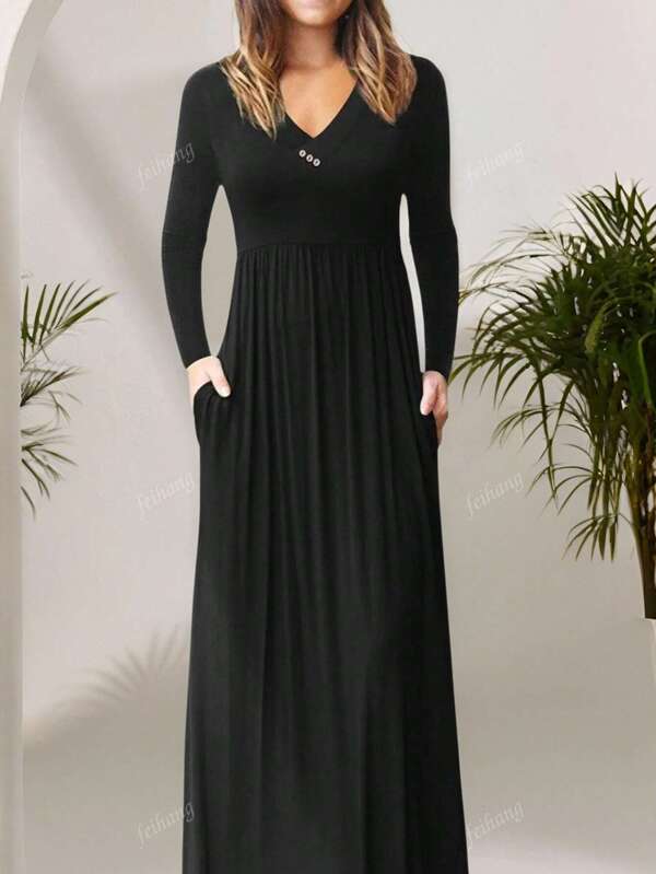 Plus-size dames effen getailleerde lange gebreide jurk, knoopsluiting, dagelijks/binnenshuis dragen, herfst/winter