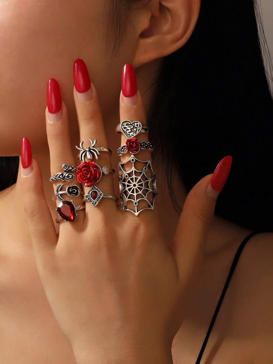 9pcs Dark Gothic Rose Teardrop, Spider, Heart Shaped Punk Ring Set ...