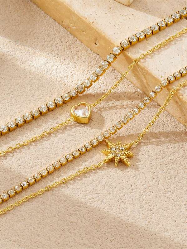 1 Colgante con forma de estrella con corazón de doble capa con diamantes, con cadena completa de diamantes y pulsera de acero inoxidable