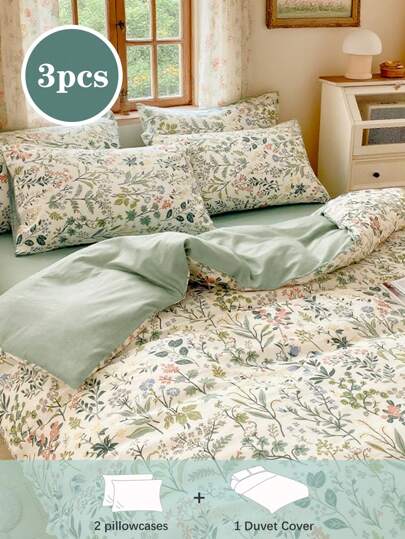3pcs Delicate Flower Printed, Small Floral, Leaves Pattern, Anti-Pilling, Light Green, Brushed, Polyester Fiber Quilt Cover Set, Suitable For Girls, Students, Fresh Style, Super Soft, Lovely, Boys And Girls, School Students, Dorm Decor, All Seasons, Brushed Quilt Cover, Home Bedding, Excluding Quilt Insert, Twin/Queen/King Size